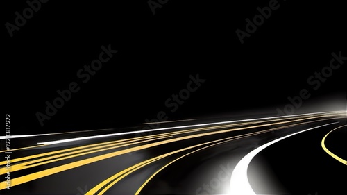 Modern abstract background featuring high-speed motion on a road with neon glowing lines and dynamic light trails. 