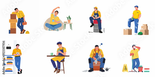 Diverse Male Workers: A Collection of Daily Routines, Breaks, and Challenges Across Various Professions