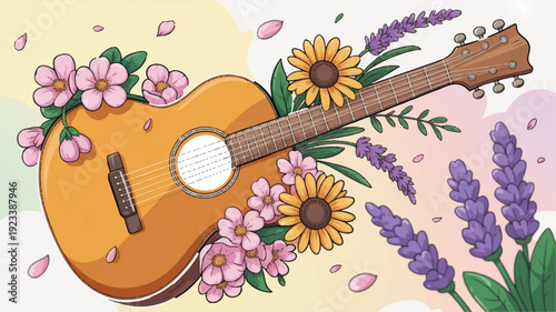 Acoustic guitar surrounded by colorful flowers and foliage on pastel background with petals