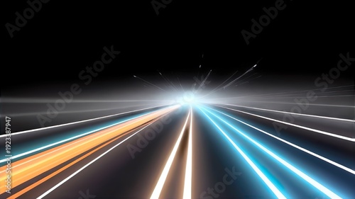 Modern abstract background featuring high-speed motion on a road with neon glowing lines and dynamic light trails. 