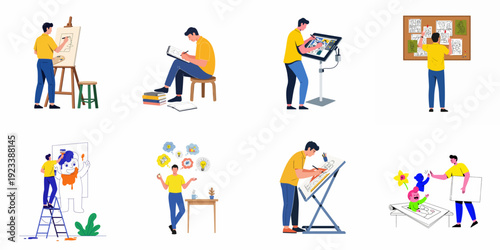 Creative process of an artist, showcasing various stages of art and design from traditional drawing and painting to digital illustration, brainstorming, and character development.