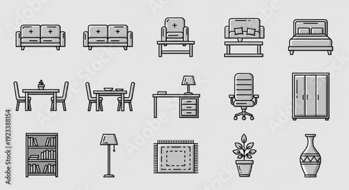 Collection of hand drawn furniture and home decor items.