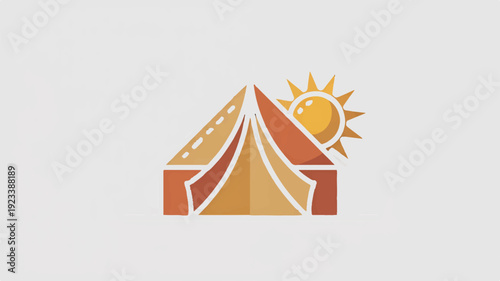 Vibrant orange and yellow tent icon with sun symbolizing adventure and travel in warm sunny conditions