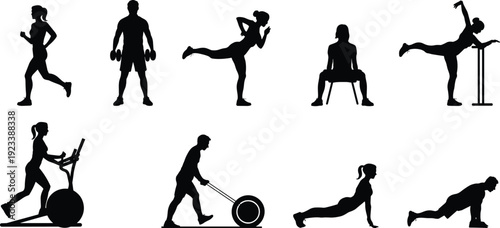 Fitness workout silhouettes collection featuring cardio, strength training, balance exercises and gym activities isolated on white background vector illustration