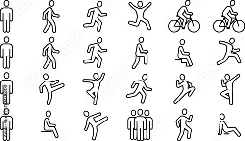 Human stick figure icons set showing walking, running, jumping and cycling poses isolated on white background vector illustration