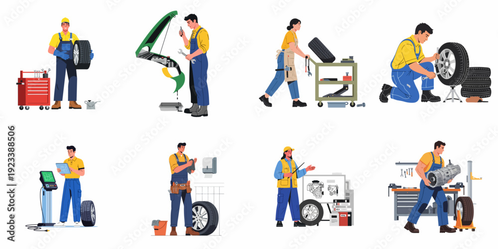 Fototapeta premium Set of diverse mechanics performing various car maintenance and repair tasks, including tire service, engine work, and diagnostics, at an auto workshop.