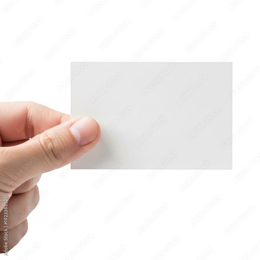 Fototapeta premium A hand holding a blank white business card with rounded corners isolated on transparent background