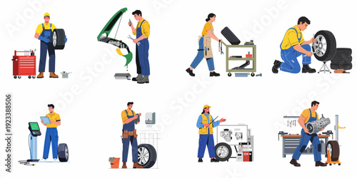 Set of diverse mechanics performing various car maintenance and repair tasks, including tire service, engine work, and diagnostics, at an auto workshop.