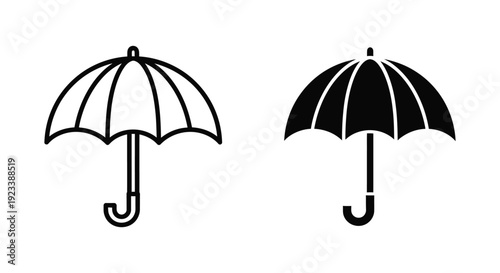 Minimalist black umbrella icons in outline and solid silhouette styles for weather forecasting, insurance protection, and rainy day web design