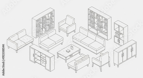 Collection of furniture line art drawings for interior design.