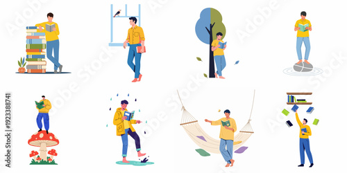 Various illustrations of a person engaged in reading, demonstrating learning, relaxation, and imagination across different scenarios.