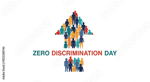 Illustration of diverse people forming an arrow pointing up with the text 'ZERO DISCRIMINATION DAY' on a white background, promoting equality and social justice awareness on March 1.