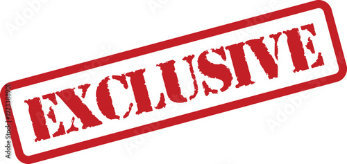 A bold red rubber stamp design showcasing the word EXCLUSIVE tilted on a pristine white surface