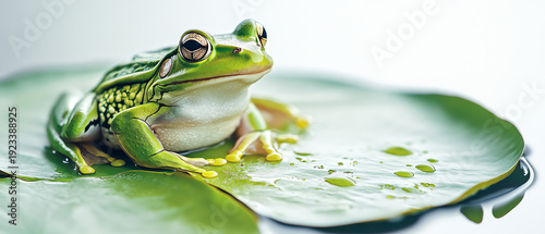 Vibrant Green Frog Resting on Wet Lily Pad in Studio