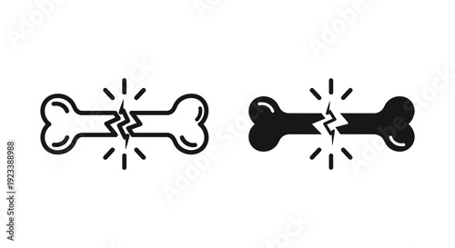 Minimalist vector icons of a fractured human bone in outline and solid styles for orthopedic medical diagnosis and injury trauma representation.