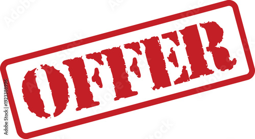 A bright red distressed rubber stamp with the word OFFER highlighted on a pristine white background