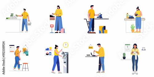 Diverse customer interactions illustrating various payment methods and shopping experiences in retail environments.
