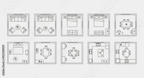 Collection of ten different interior design floor plans.
