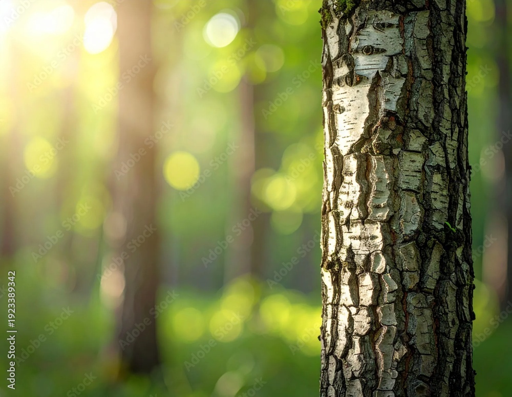 Obraz premium Sunlit Birch Tree Trunk in a Lush Green Forest.