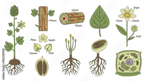 Detailed illustration of various plant parts and structures on a clean white background with labeled components.