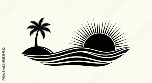Tropical Island Silhouette with Sun and Ocean Waves Vector