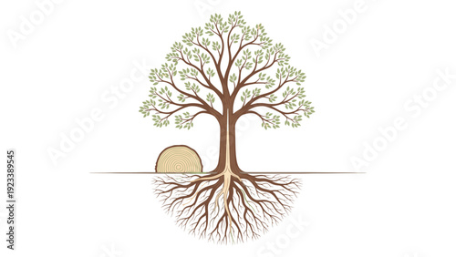 Illustration of a tree with exposed roots and green leaves on a white background with a half-buried rock.