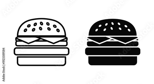 Minimalist hamburger and cheeseburger icons in outline and solid silhouette styles for restaurant menu design and food delivery apps