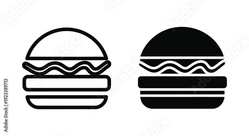 Minimalist hamburger and cheeseburger icon set featuring outline and solid black vector symbols for restaurant menus, food delivery apps, and fast food branding.