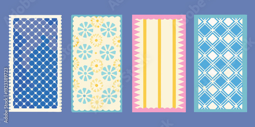 Four decorative rectangular rugs with distinct geometric patterns displayed together