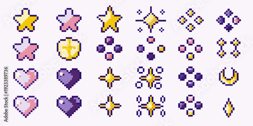 Colorful pixel art icons depicting stars hearts moons and sparkling gems