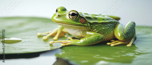 Vibrant Green Frog Resting on a Wet Lily Pad in Water