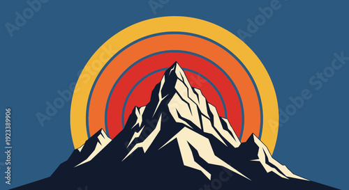 Mountain Peak and Retro Sunset Vector Illustration