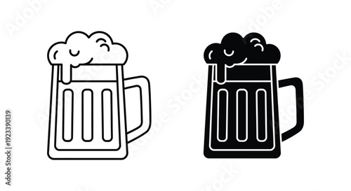 Minimalist beer mug icons in line and solid styles for brewery branding, pub menus, and Oktoberfest celebration graphics isolated on white background