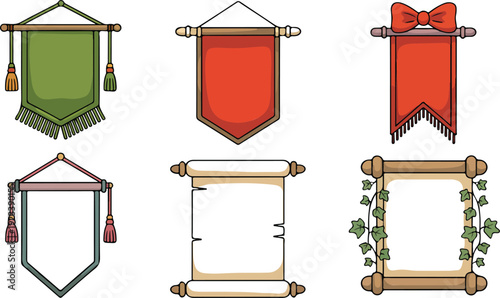 Medieval Banner & Scroll Vector Set  Hanging Frames with Wooden Holders