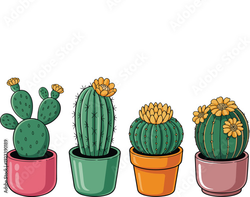 Flowering Cactus Vector Set  Colorful Desert Plants in Modern Pots