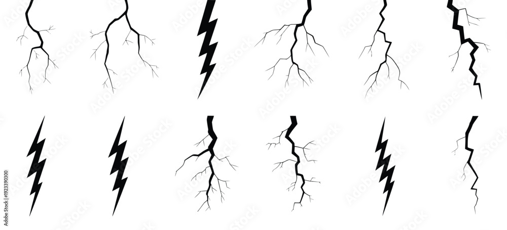 Fototapeta premium Thunderstorm and Lightning Bolt Silhouettes, Set of Weather Icons Ideal for Storm Illustrations, Electrical Concepts, Outdoor Design, and Creative Vector Applications.