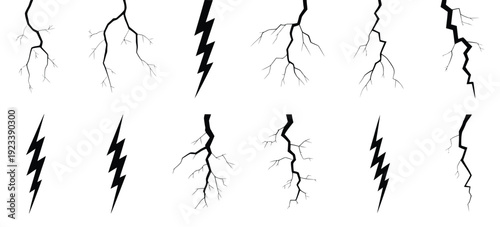 Thunderstorm and Lightning Bolt Silhouettes, Set of Weather Icons Ideal for Storm Illustrations, Electrical Concepts, Outdoor Design, and Creative Vector Applications.