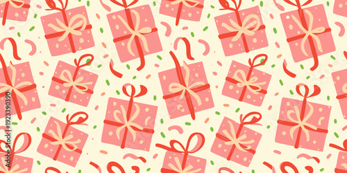 Seamless pattern of pink gift boxes with ribbons and confetti