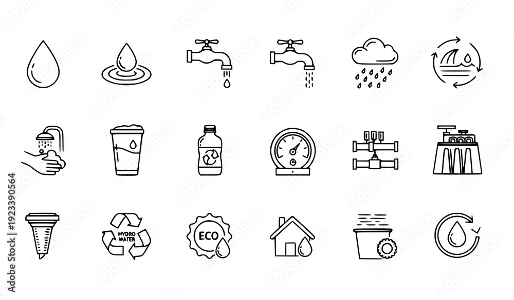 Fototapeta premium Modern Water Use and Conservation Line Icons Editable Vector