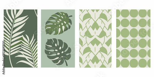 Four vertical panels displaying various green tropical leaf and pattern designs