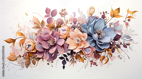 A vibrant and colorful bouquet of flowers with a mix of hydrangeas, roses, and autumn leaves