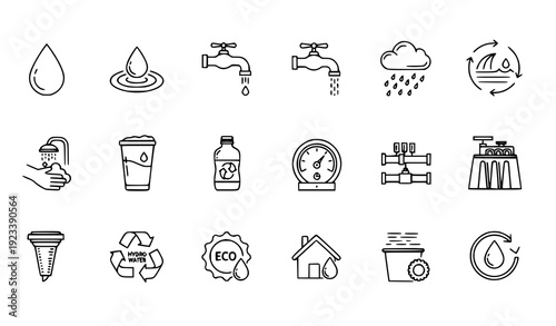 Modern Water Use and Conservation Line Icons Editable Vector