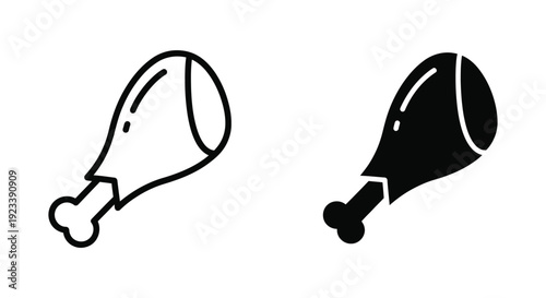 Minimalist chicken drumstick icons in line and solid styles for restaurant menus, food delivery apps, and culinary branding.