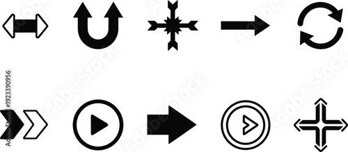 Arrow navigation icon set with direction refresh play symbols isolated vector collection