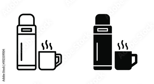 Minimalist thermos flask and steaming hot beverage mug icons in outline and solid black styles for travel, camping, and winter break concepts