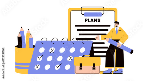 Professional man organizing business tasks and deadlines using a large calendar and official plan document