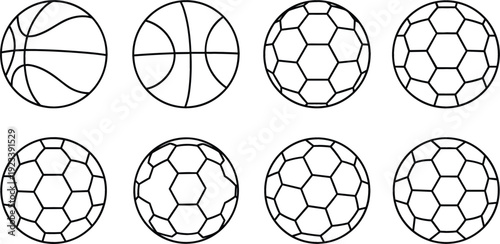 Basketball and soccer ball outline icons set isolated sports equipment vector collection