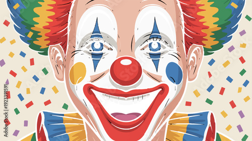 Smiling clown face with colorful makeup and confetti background festive atmosphere for party decoration