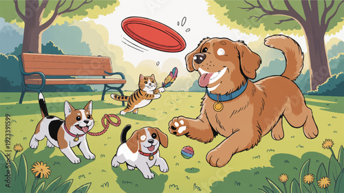 Happy dog and puppies playing frisbee in sunny park with grass and trees