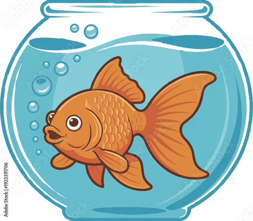 Vibrant orange goldfish swimming in clear water inside a classic round fishbowl with bubbles rising to the surface on a plain white background